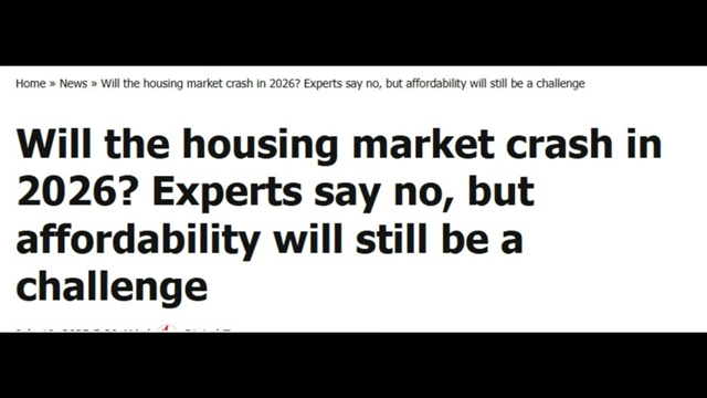 News headline confirming experts predict no housing market crash in 2026, but affordability remains a challenge