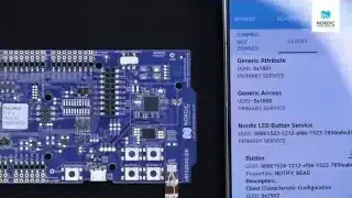 The nRF Connect for Mobile app interface showing the "Nordic LED Button Service" details, including button status and LED control options.