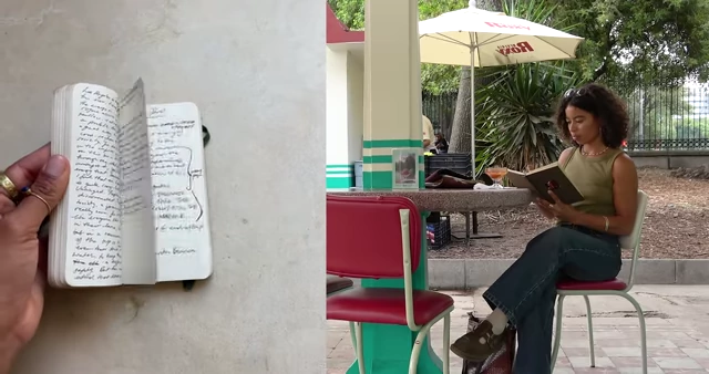 A small pocket notebook for quick notes and thoughts, with the creator using it at a cafe.