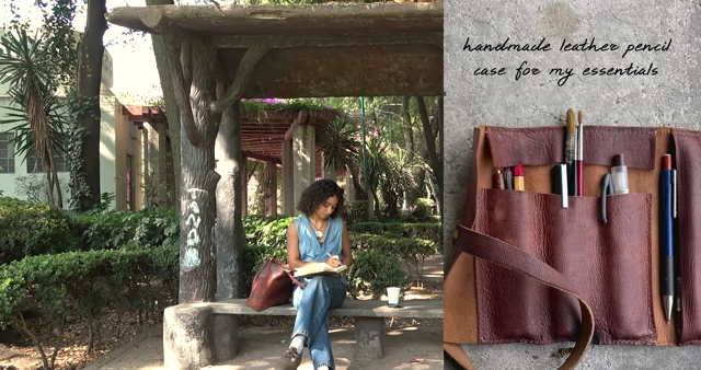A handmade leather pencil case for carrying essential journaling tools.