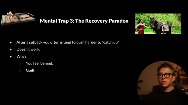 The recovery paradox, illustrated by a mousetrap and a person trying to get back on a horse, symbolizing pushing harder after a setback
