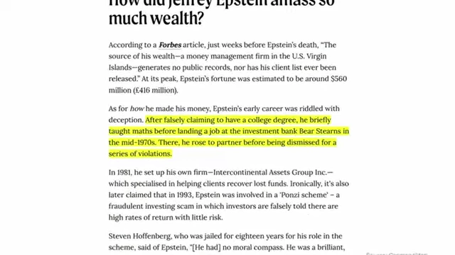 A Forbes article details Epstein's early career, including falsely claiming a college degree before working at Bear Stearns