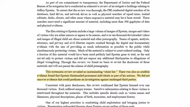 A document from the Justice Department states no incriminating client list was found