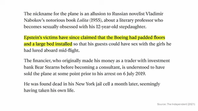 An article describes claims of padded floors and a large bed installed in Epstein's private jet