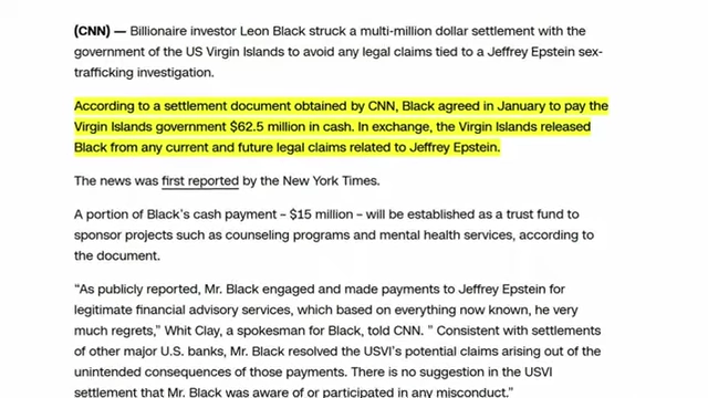 CNN reports that billionaire Leon Black settled with the US Virgin Islands government for $62.5 million to avoid legal claims