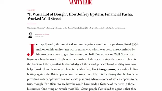 A Vanity Fair article details how Jeffrey Epstein's social life intertwined with his financial dealings on Wall Street