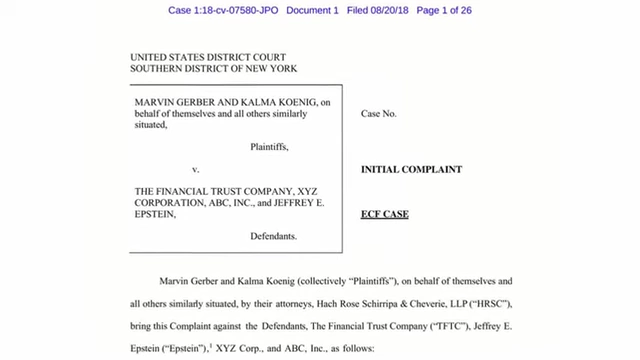 An initial complaint document from a lawsuit against The Financial Trust Company and Jeffrey Epstein