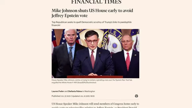 A Financial Times article reports that US House Speaker Mike Johnson shut down the House early to avoid a vote on Jeffrey Epstein files