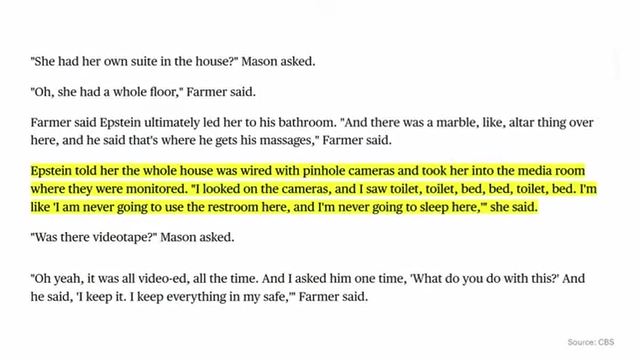 A victim's testimony describing pinhole cameras and a surveillance room in Epstein's Manhattan townhouse