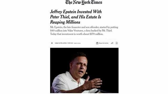 The New York Times reports Jeffrey Epstein's investment in Peter Thiel's Valar Ventures is now worth $170 million