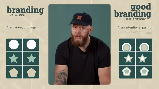 A side-by-side comparison defining "branding" as a pairing of things and "good branding" as an intentional pairing of relevant things done consistently.