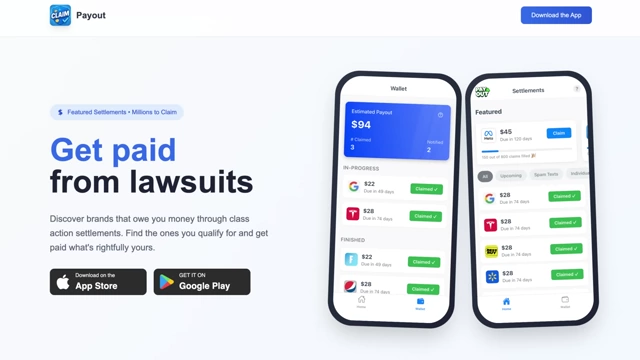 Payout app's landing page, showcasing its purpose to help users get paid from lawsuits