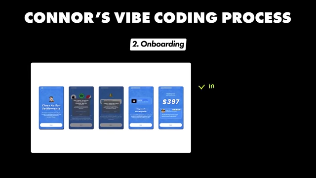 Onboarding screens during Connor's Vibe Coding Process