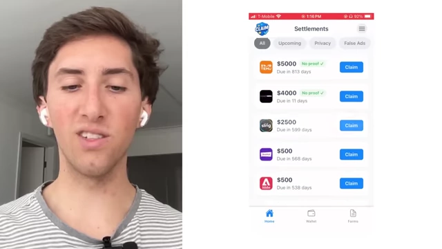 Payout app's main screen showing a list of class action lawsuits