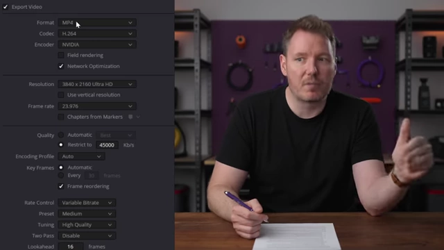 DaVinci Resolve导出设置，突出显示MP4格式