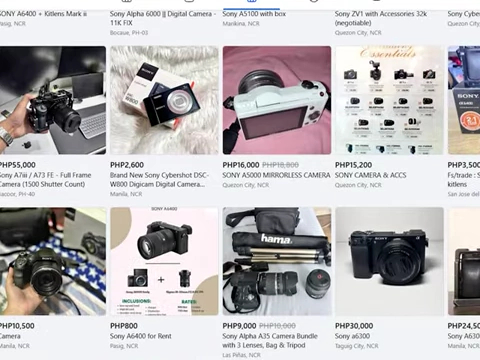 Facebook Marketplace listings showing various camera gear for sale, emphasizing bundles for quitting photographers.
