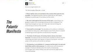 A snippet of Palantir's 22-point "Manifesto," outlining their ideological stances on culture, national service, and Silicon Valley's role in society.