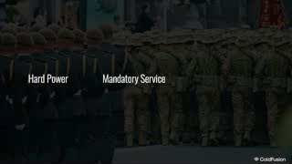 An image showing soldiers marching in formation with text overlays "Hard Power" and "Mandatory Service."