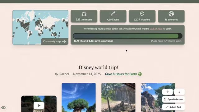Alveus Sanctuary's "Show and Tell" website, showing a community map, engagement statistics, and user-submitted activities.