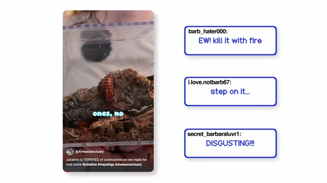 User comments evolving from disgust to empathy for a cockroach named Barbara.