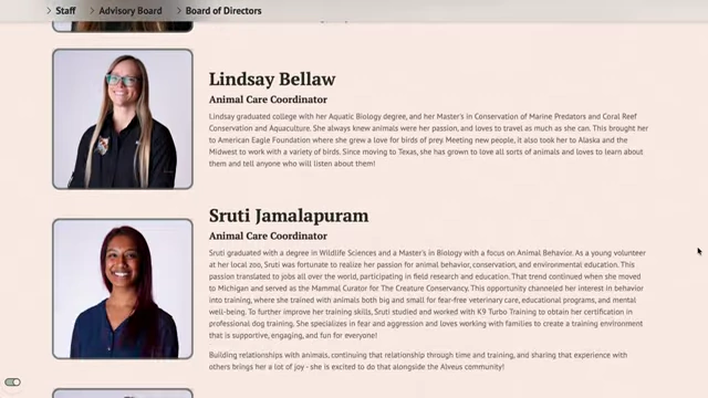 Alveus Sanctuary website's "Staff" section, displaying photos and descriptions of team members.