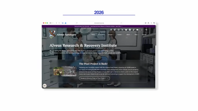 Alveus Research & Recovery Institute website indicating future development for research and species recovery, with "2026" banner.
