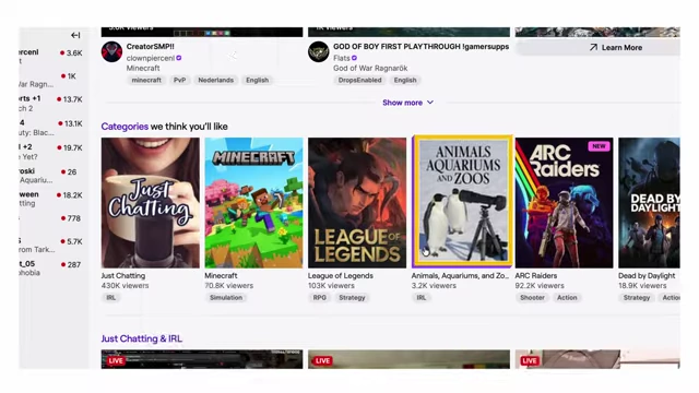 Twitch browse page highlighting the "Animals, Aquariums, and Zoos" category.