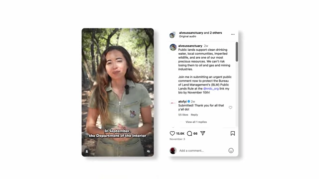 Alveus Sanctuary Instagram post encouraging submission of public comments to protect public lands.