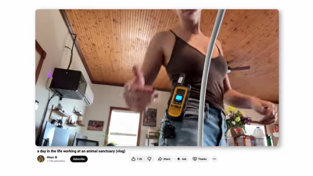 YouTube video screenshot of Maya Higa in a vlog titled "a day in the life working at an animal sanctuary."
