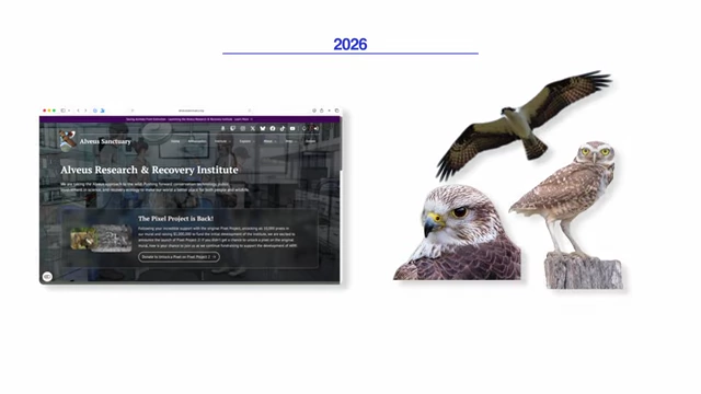 Alveus Research & Recovery Institute website with images of birds of prey, highlighting future enclosures with "2026" banner.
