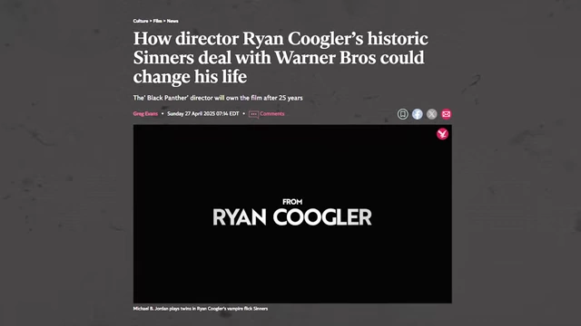 A newspaper article highlights Ryan Coogler's unique deal to retain rights to "Sinners" after 25 years.