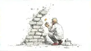 Illustration of a person building a brick wall piece by piece, symbolizing the slow and steady process of continuous improvement.