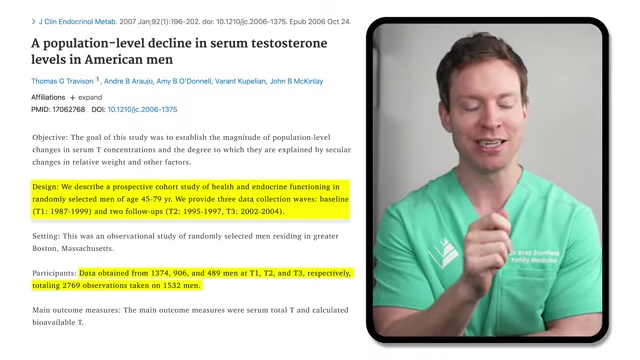 Screenshot of a research paper titled "A population-level decline in serum testosterone levels in American men" with key sections highlighted, indicating the study's objective and methodology.