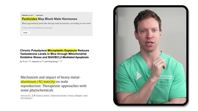 Screenshot showing titles of research papers: "Pesticides May Block Male Hormones," "Chronic Polystyrene Microplastic Exposure Reduces Testosterone Levels in Mice," and "Mechanism and impact of heavy metal-aluminum (Al) toxicity on male reproduction."