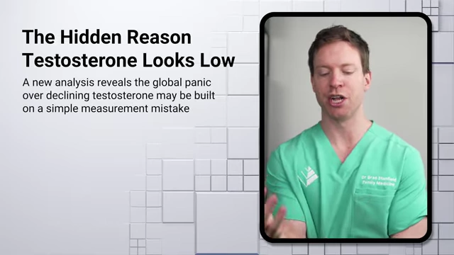 Slide title: "The Hidden Reason Testosterone Looks Low" with a subtitle explaining that a new analysis reveals the global panic over declining testosterone may be built on a simple measurement mistake.