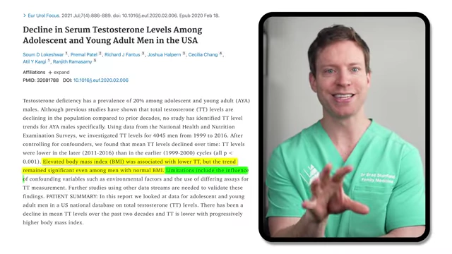 Screenshot of a research paper on the decline in serum testosterone levels, with a highlighted section noting that limitations include the use of differing assays for testosterone measurement.
