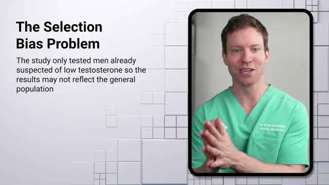 Slide title: "The Selection Bias Problem" explaining that the study only tested men already suspected of low testosterone, so the results may not reflect the general population.