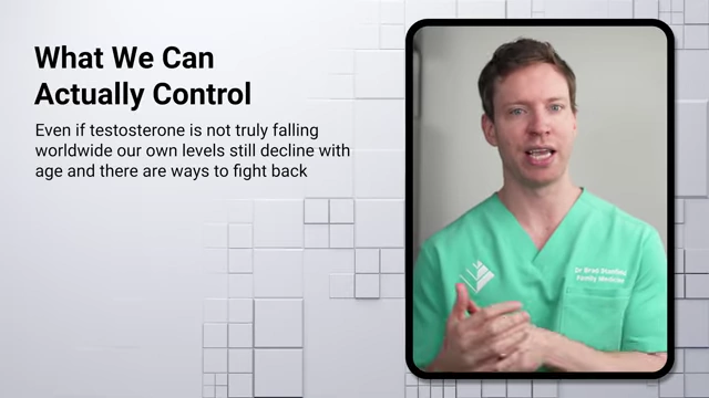 Slide title: "What We Can Actually Control" explaining that even if testosterone is not truly falling worldwide, individual levels still decline with age, and there are ways to fight back.