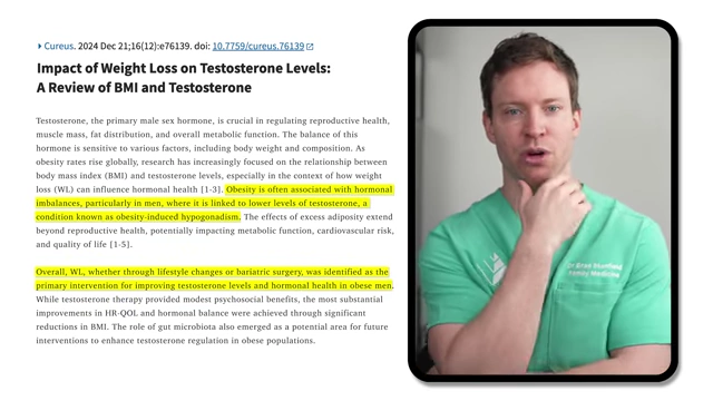 Screenshot of a research paper titled "Impact of Weight Loss on Testosterone Levels: A Review of BMI and Testosterone," highlighting that obesity is often associated with hormonal imbalances and weight loss is the primary intervention.