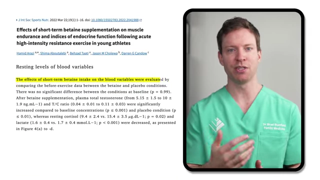 Screenshot of a research paper titled "Effects of short-term betaine supplementation on muscle endurance and indices of endocrine function following acute high-intensity resistance exercise in young athletes," highlighting that betaine intake improved testosterone levels.