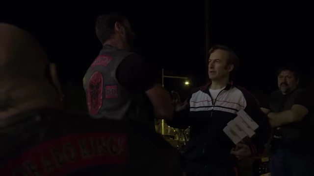 Saul pitching his phones to the biker gang, leveraging his past as a lawyer and understanding their specific needs.
