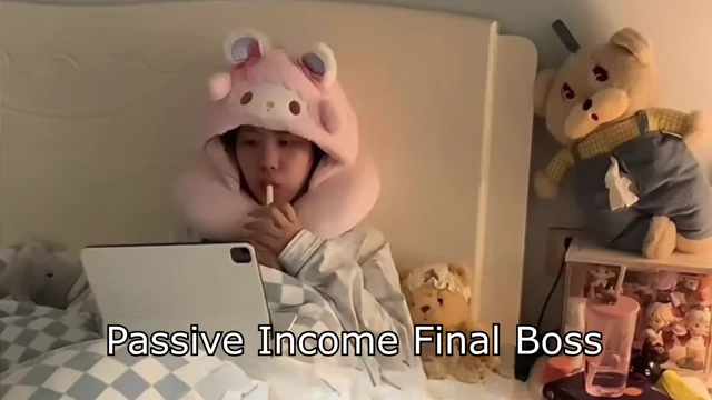 A person working from bed, labeled 'Passive Income Final Boss', illustrating commercialization of the trend.