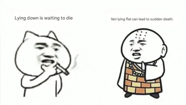 A meme contrasting the ideas of 'lying down is waiting to die' with 'not lying flat can lead to sudden death'.
