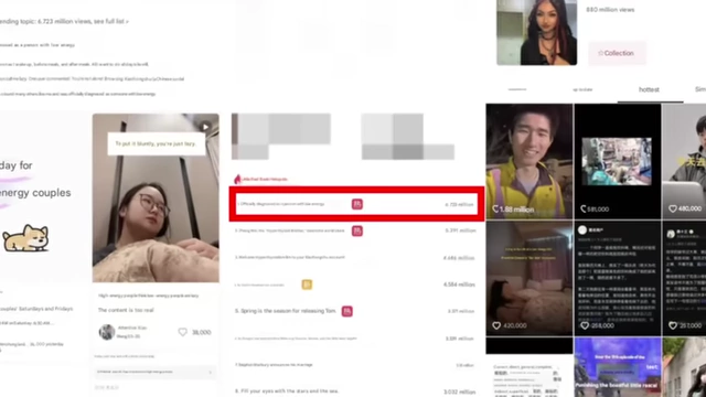 A compilation of 'low-energy' content, highlighting millions of views and engagement on platforms like Douyin.