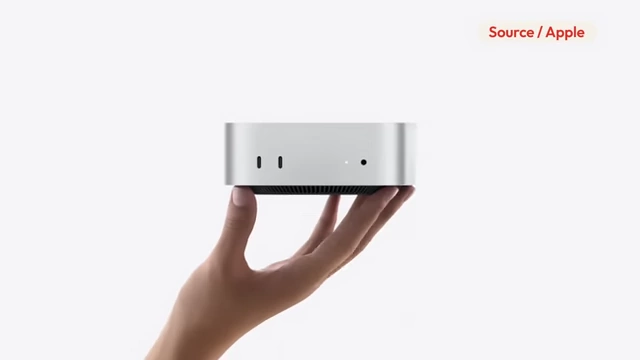An Apple marketing image showing a Mac Mini being held in a hand, emphasizing its compact size.