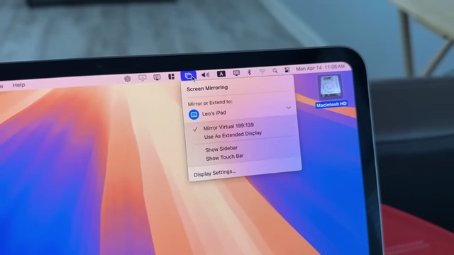 A macOS menu bar showing the Screen Mirroring icon dropdown, with "Leo's iPad" selected to "Use As Extended Display".