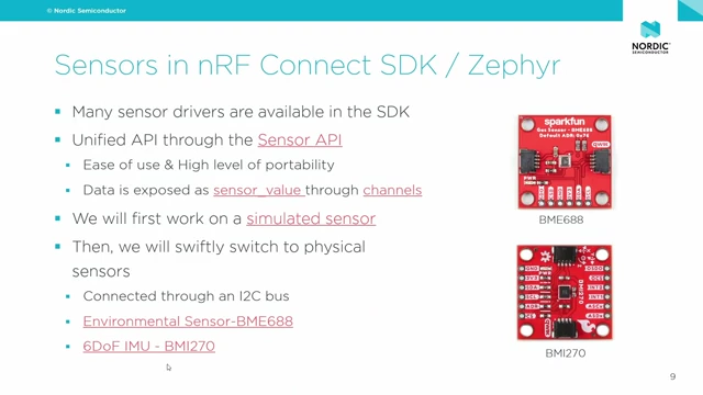 Slide introducing sensor integration in nRF Connect SDK, featuring the BME688 environmental sensor and BMI270 6-DoF IMU.