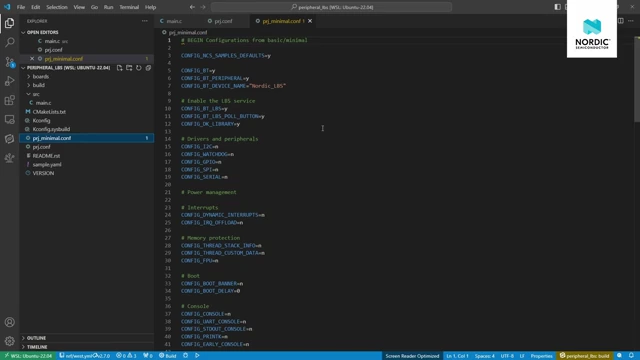 VS Code displaying the `prj_minimal.conf` Kconfig file, showing configuration options for an optimized build.
