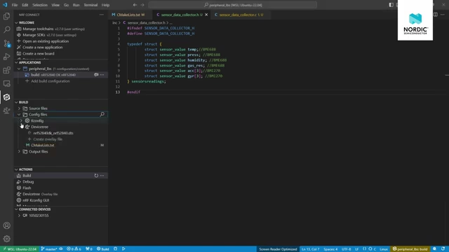 VS Code showing the `sensor_data_collector.h` header file, defining the `sensor_data_t` struct for collecting various sensor readings.