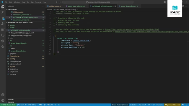 VS Code displaying the `nrf52840dk_nrf52840.overlay` Devicetree file, configured with a simulated sensor node (`zephyr,sim-temp-hum-press-accel`).